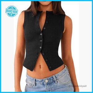 Ribbed Crop Tank Top Y2K Button Down Slim Fit Summer Casual Going Out